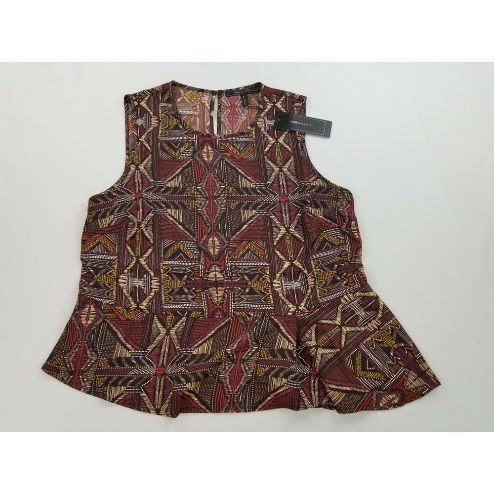 BCBGMAXAZRIA Women Brown Multi-Tribal Weave Peplum Blouse TMA1268700-977 Sz M